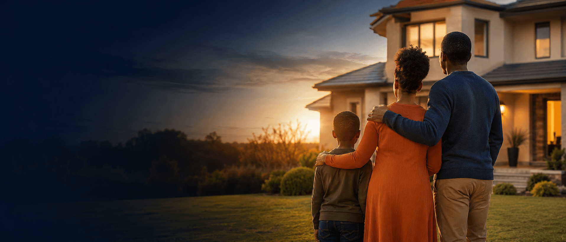 A family standing in front of their home at sunset, arms around each other